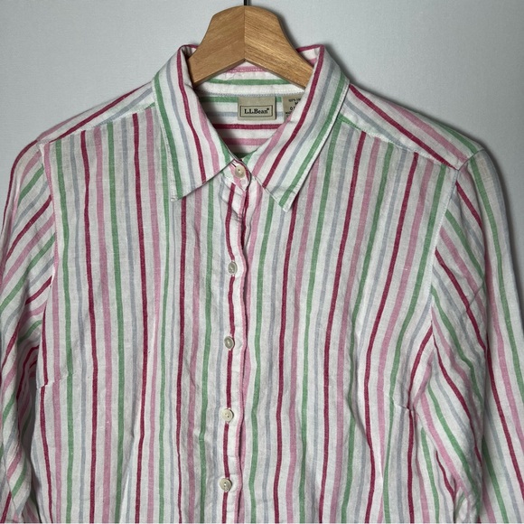 L.L Bean 100% Linen Multicolor Striped 3/4 Sleeve Button Down Shirt Coastal M - Picture 2 of 6